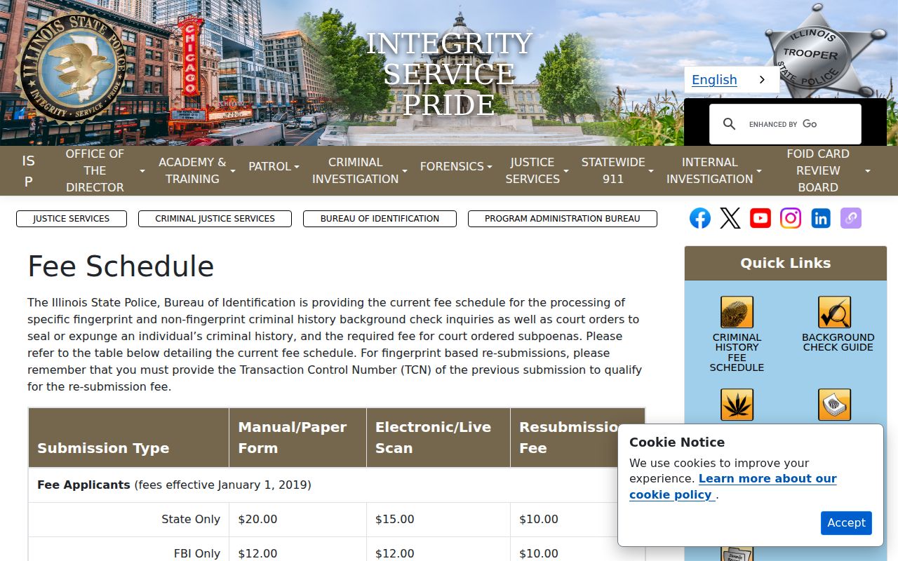 Illinois State Police criminal history fee schedule