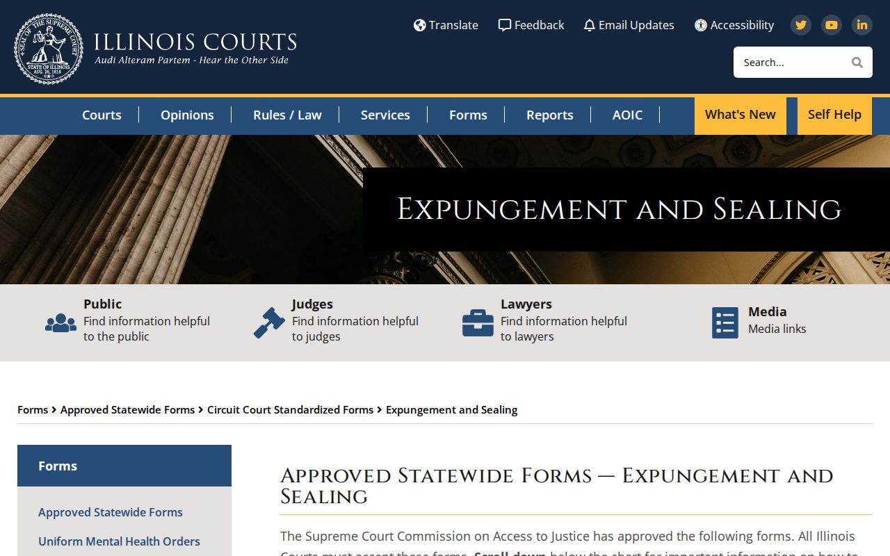 Illinois Courts expungement and sealing forms page
