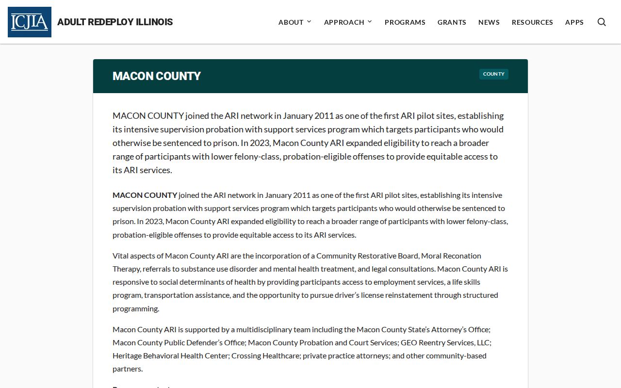 Macon County criminal history Adult Redeploy program
